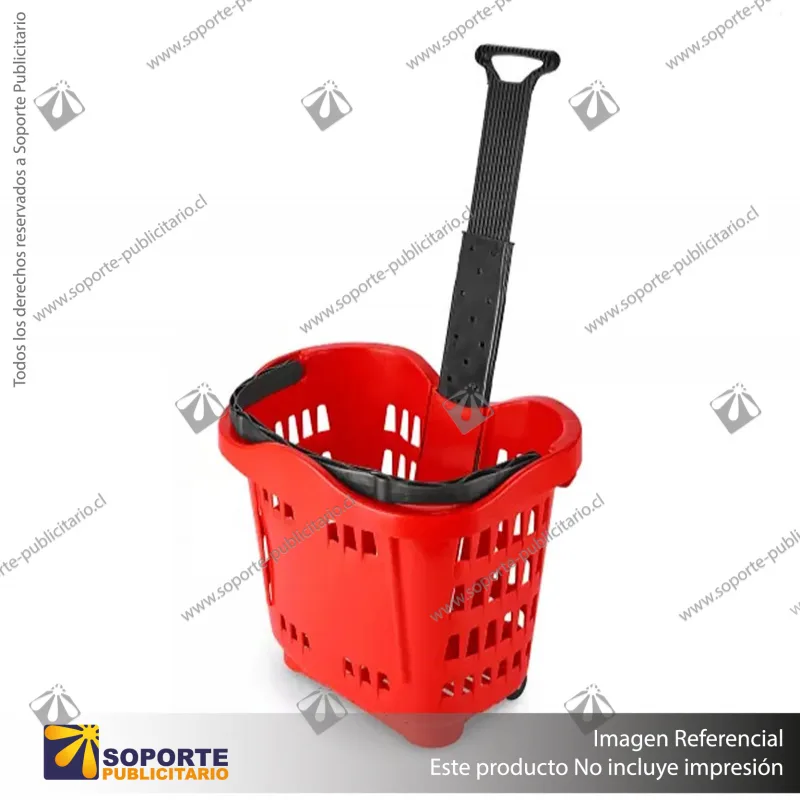 CANASTO PLASTICO CON ASA RETRACTIL Y RUEDAS ROJO GRANDE 45L